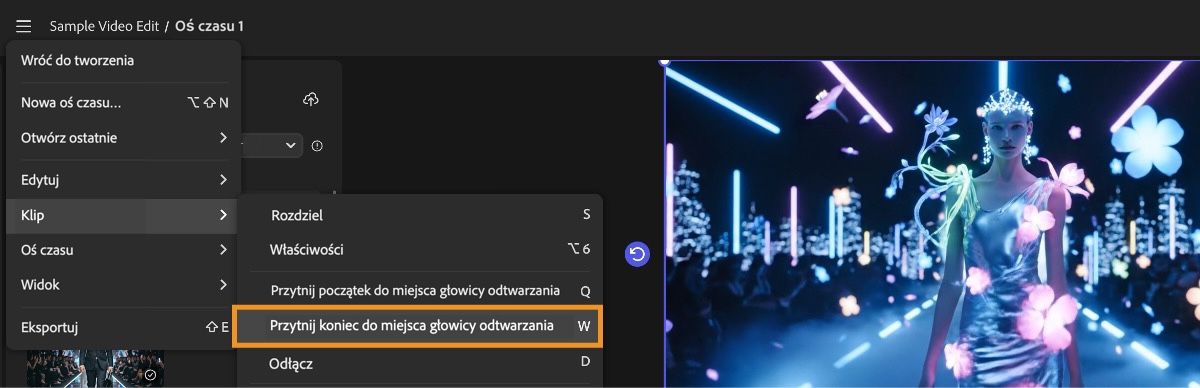 Menu jest otwarte, a opcja Przytnij koniec do pozycji wskaźnika odtwarzania jest wybrana w menu Klip.