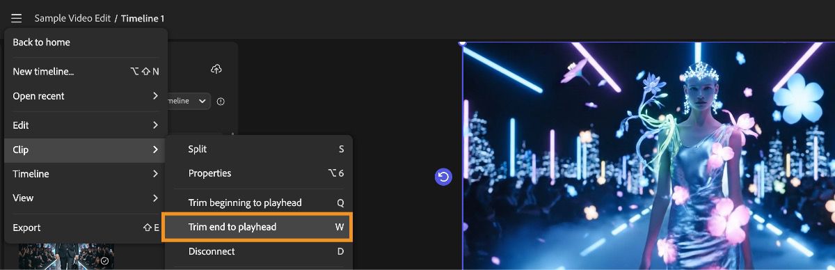 The menu is open, and the Trim end to playhead option is selected under the Clip menu.