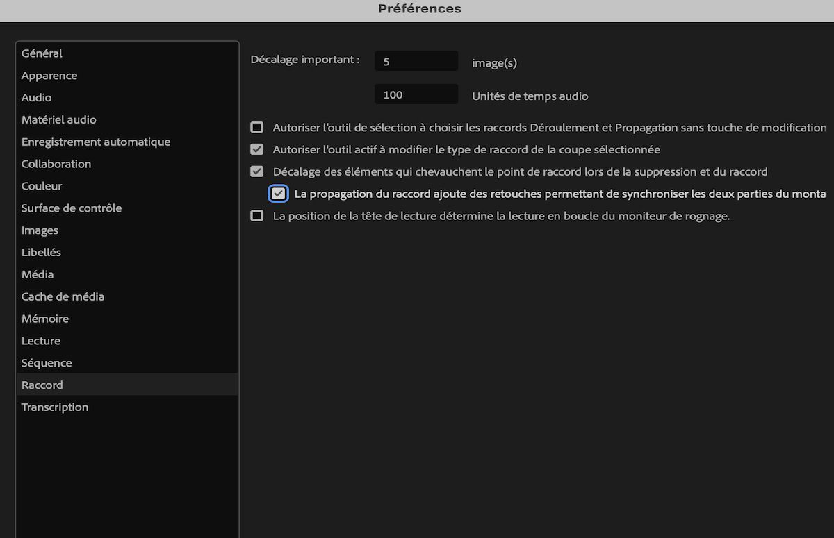 L’interface utilisateur affiche la boîte de dialogue Préférences avec la préférence « La propagation du raccord ajoute des retouches permettant de synchroniser les deux parties du montage » sélectionnée.
