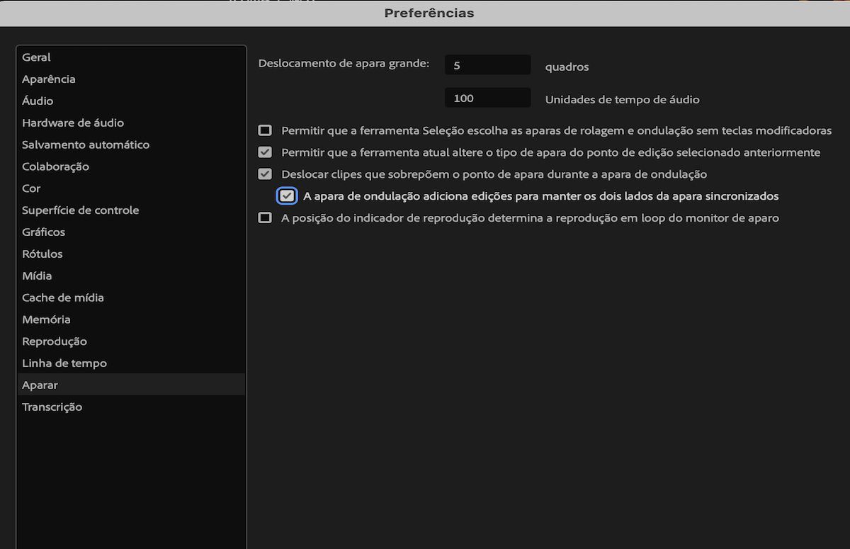 A interface mostra a caixa de diálogo Preferências com a preferência “Apara de ondulação adiciona edições para manter ambos os lados da apara sincronizados” selecionada.