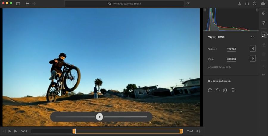 przycinanie filmów w programie Lightroom