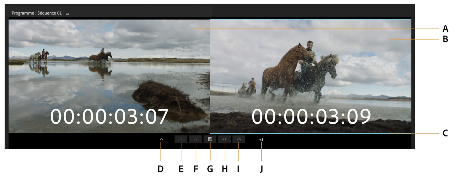 Vue d’écran fractionnée de l’élément sélectionné en mode Raccord