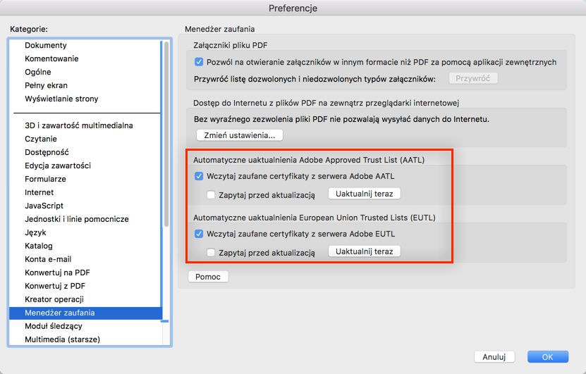Aktualizuj AATL lub EUTL