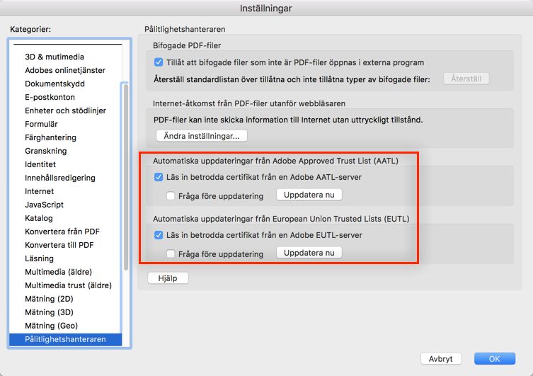Uppdatera AATL eller EUTL