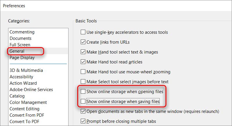 Desative a opção de armazenamento on-line