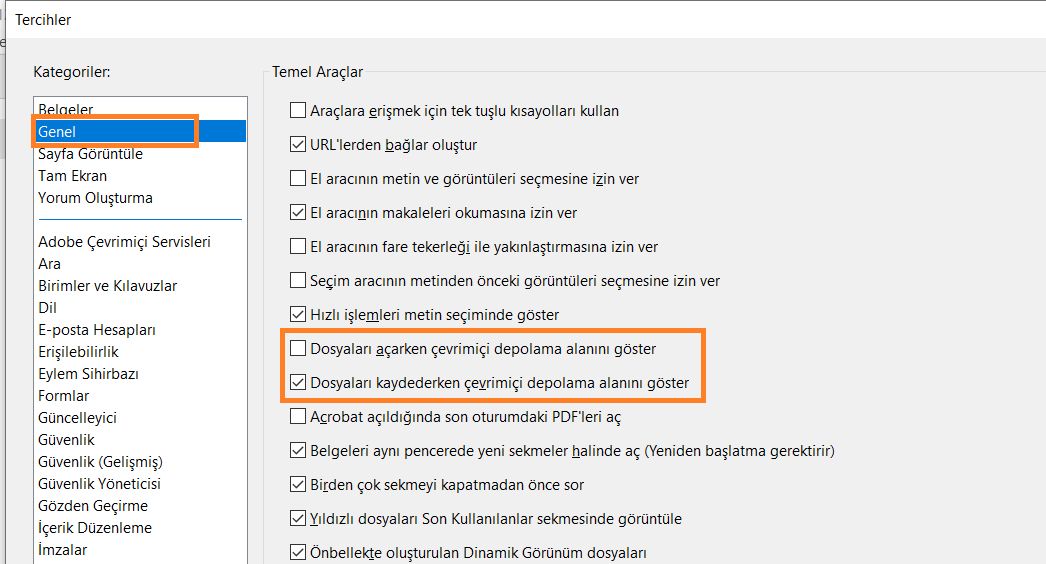 Çevrimiçi depolama seçeneğini kapatın