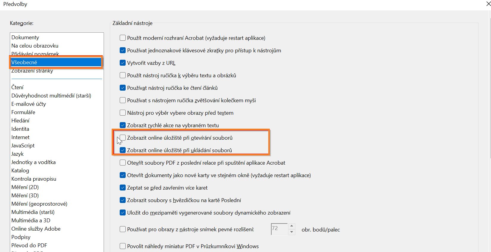 Vypnout možnost pro zobrazení online úložiště