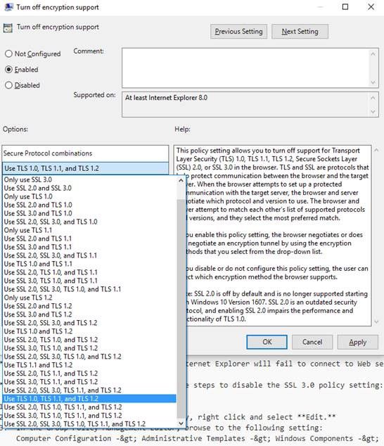 TLS 1.2가 포함된 설정 선택
