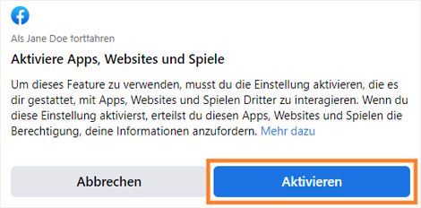 Bei der Anmeldung mit Facebook Apps, Websites und Spiele aktivieren