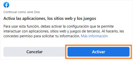 Activar aplicaciones, sitios web y juegos al iniciar sesión con Facebook