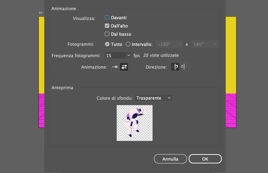 Finestra di dialogo di esportazione GIF per Rotazione che include selezione della vista, intervallo di fotogrammi, frequenza dei fotogrammi, direzione del movimento e anteprima.