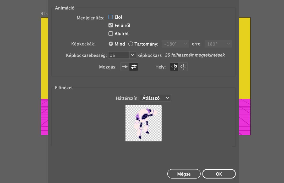 GIF exportálási párbeszédpanel a Forgóasztalhoz, beleértve a nézetválasztást, a képkockatartományt, a képkockasebességet, a mozgás irányát és az előnézetet.