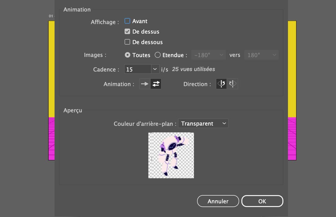 Boîte de dialogue d’exportation au format GIF pour la Rotation générative, avec l’affichage sélectionné, l’étendue, la cadence, l’animation, la direction et l’aperçu.