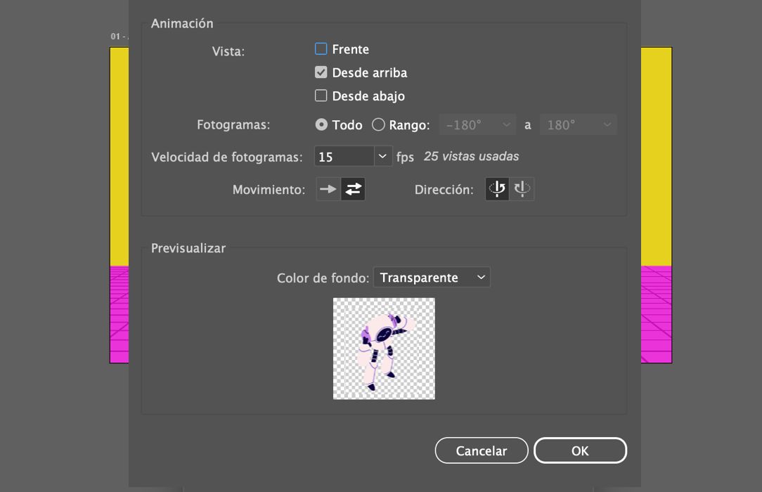 Cuadro de diálogo de exportación GIF para Placa giratoria, incluida la selección de vista, el rango y la velocidad de fotogramas, la dirección del movimiento y la vista previa.