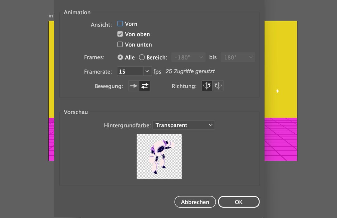 GIF-Exportdialogfeld für Turntable, einschließlich Ansichtsauswahl, Framebereich, Framerate, Bewegungsrichtung und Vorschau.