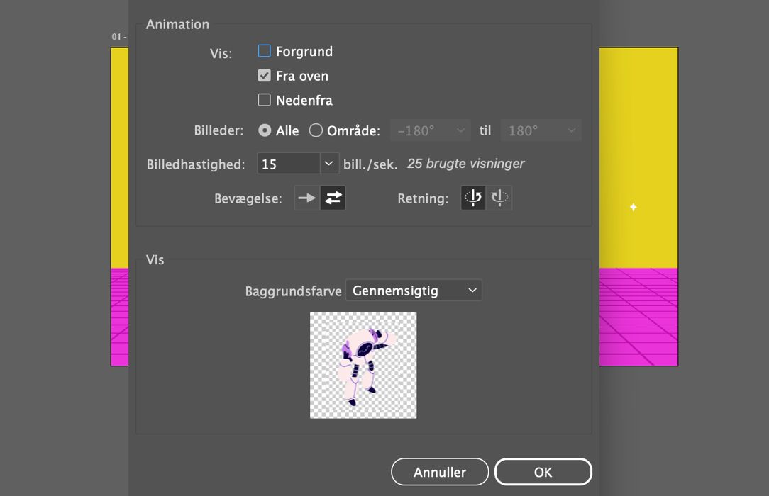 GIF-eksportdialogboks til Pladespiller, herunder visningsvalg, billedområde, billedhastighed, bevægelsesretning og forhåndsvisning.