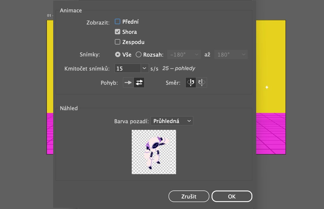 Dialogové okno pro export souboru GIF v Rotaci, včetně výběru zobrazení, rozsahu snímků, snímkové frekvence, směru pohybu a náhledu.