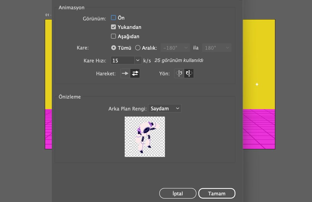 Görünüm seçimi, kare aralığı, kare hızı, hareket yönü ve önizleme seçeneklerini içeren Dönen Tabla için GIF dışa aktarma iletişim kutusu.