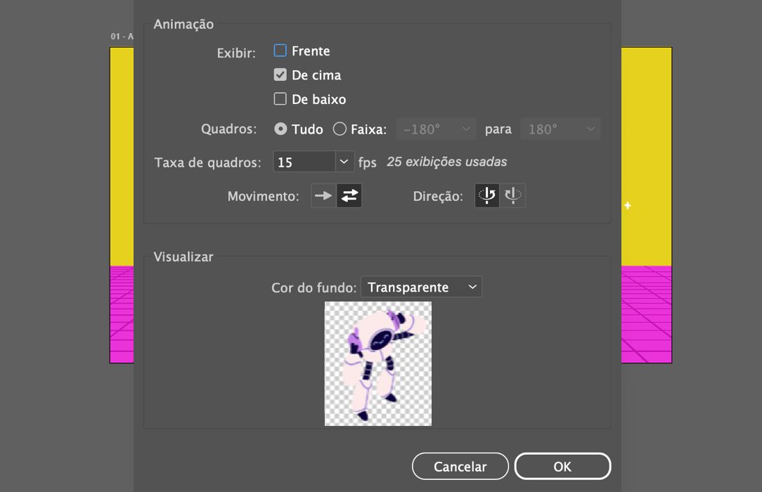 Caixa de diálogo de exportação GIF para Placa giratória, incluindo seleção de exibição, intervalo de quadros, taxa de quadros, direção do movimento e visualização.