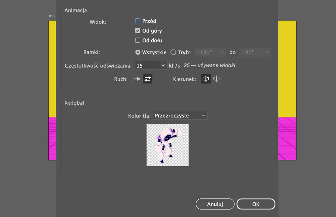 Okno dialogowe eksportu plików GIF dla funkcji Widok obrotowy, zawierające opcje wyboru widoku, zakresu klatek, liczby klatek na sekundę, kierunku ruchu oraz podglądu.