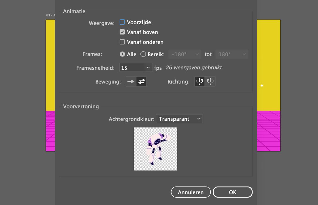 GIF-exportdialoogvenster voor Generatieve rotatie, inclusief weergaveselectie, framebereik, framesnelheid, bewegingsrichting en voorvertoning.