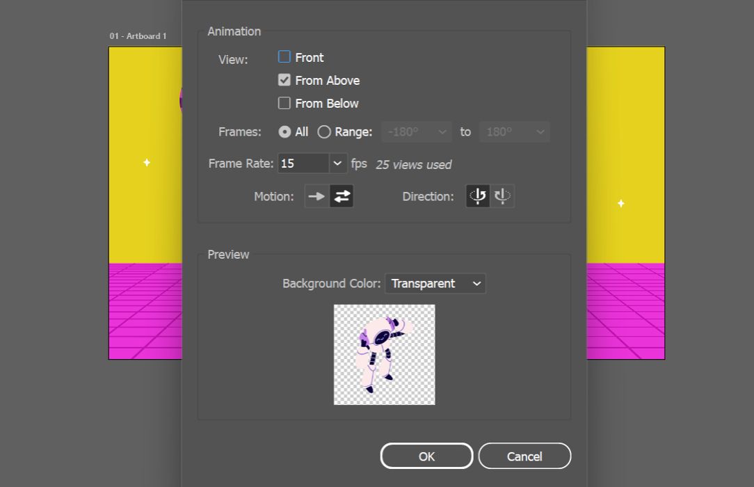 GIF export dialog box for Turntable, including view selection, frame range, frame rate, motion direction, and preview.