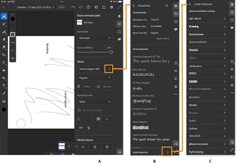 tekstitasojen tuki ja Adobe Fonts