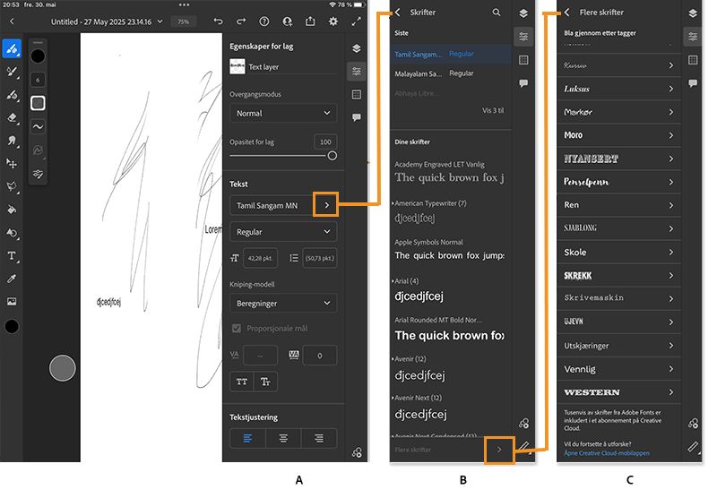 støtte for tekstlag og Adobe Fonts