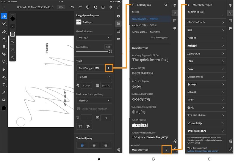ondersteuning van tekstlagen en Adobe Fonts