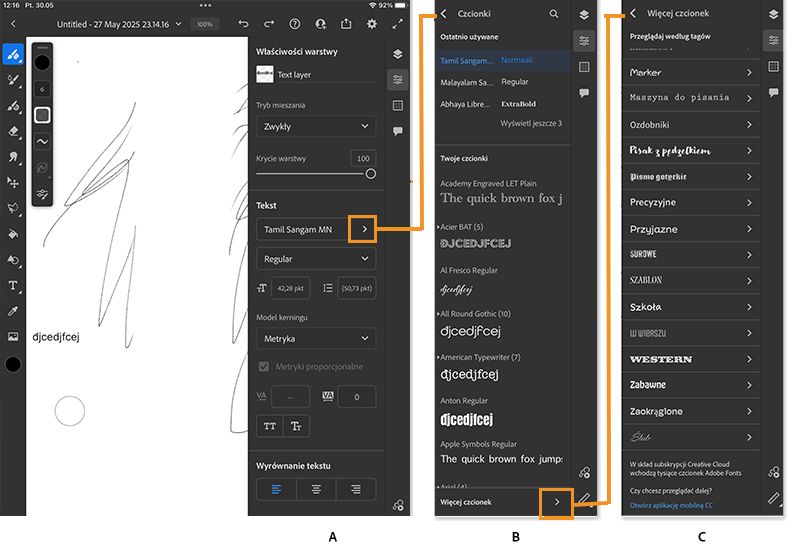 obsługa warstw tekstowych i czcionek Adobe Fonts
