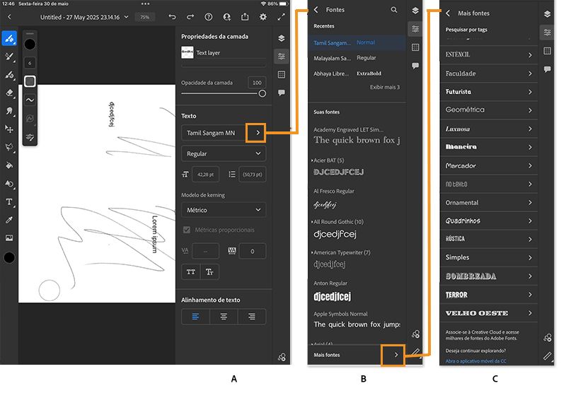 suporte a camada de texto e Adobe Fonts