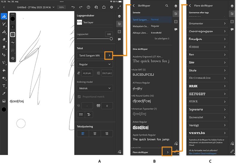 understøttelse af tekstlag og adobe fonts
