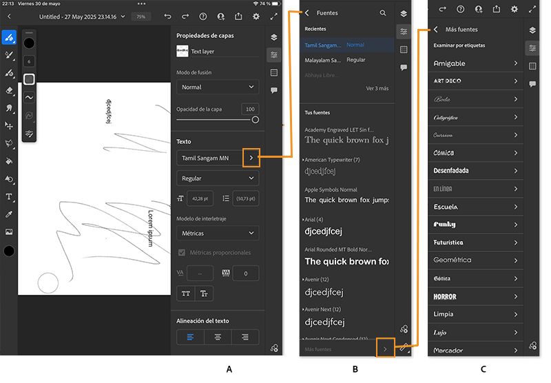 compatibilidad con capas de texto y Adobe Fonts