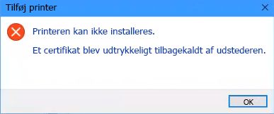 Kan ikke installere, da certifikat blev tilbagekaldt
