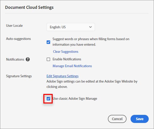 Désactiver la case Utiliser l’onglet Gestion Adobe Sign classique