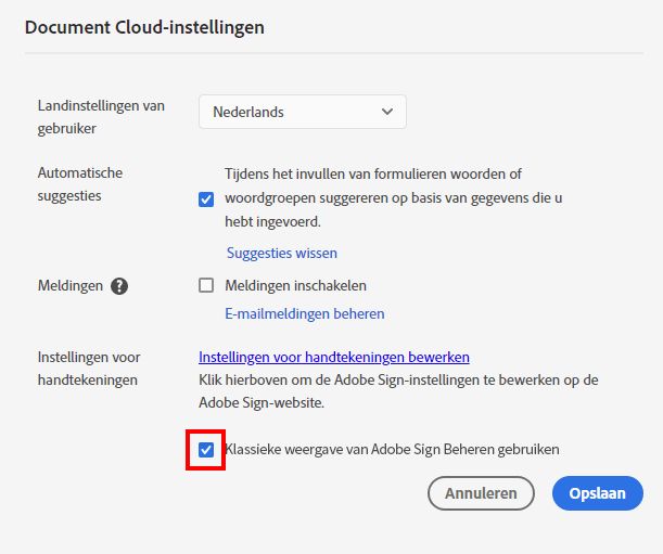 De optie 'Klassieke weergave van Adobe Sign Beheren gebruiken' uitschakelen