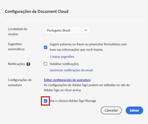 Desmarque a opção Usar Classic Adobe Manage