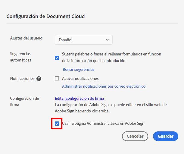 Desactivar la opción de vista clásica Administrar de Adobe