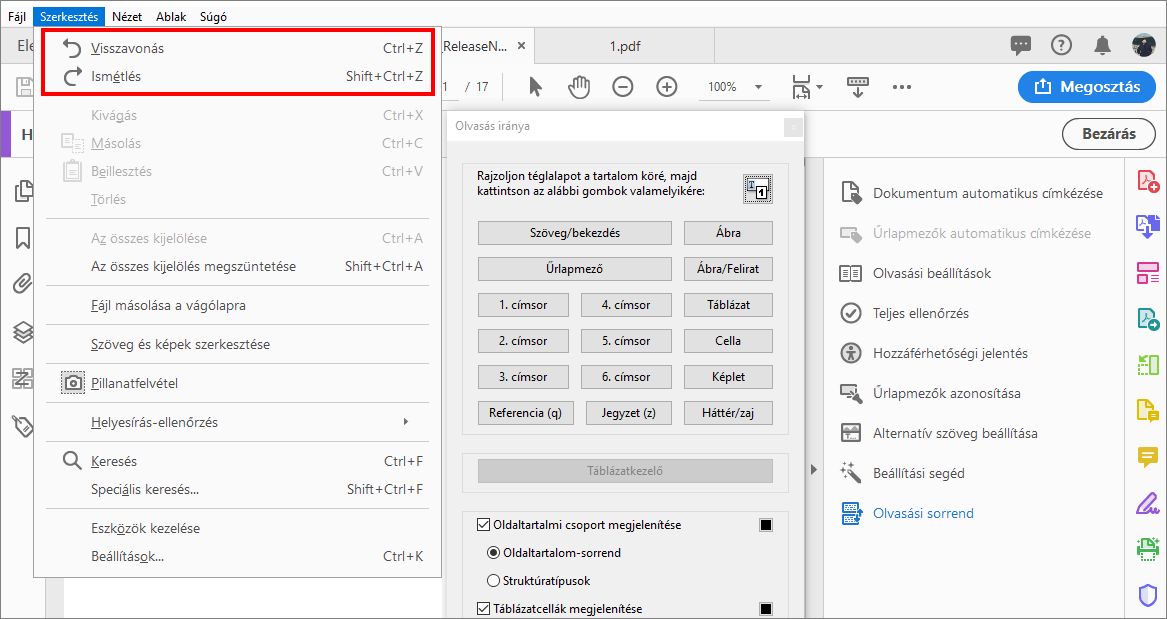 Az olvasási sorrend módosításainak visszavonása vagy újbóli végrehajtása
