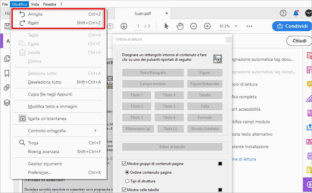 Annullare o ripristinare le modifiche apportate all’ordine di lettura