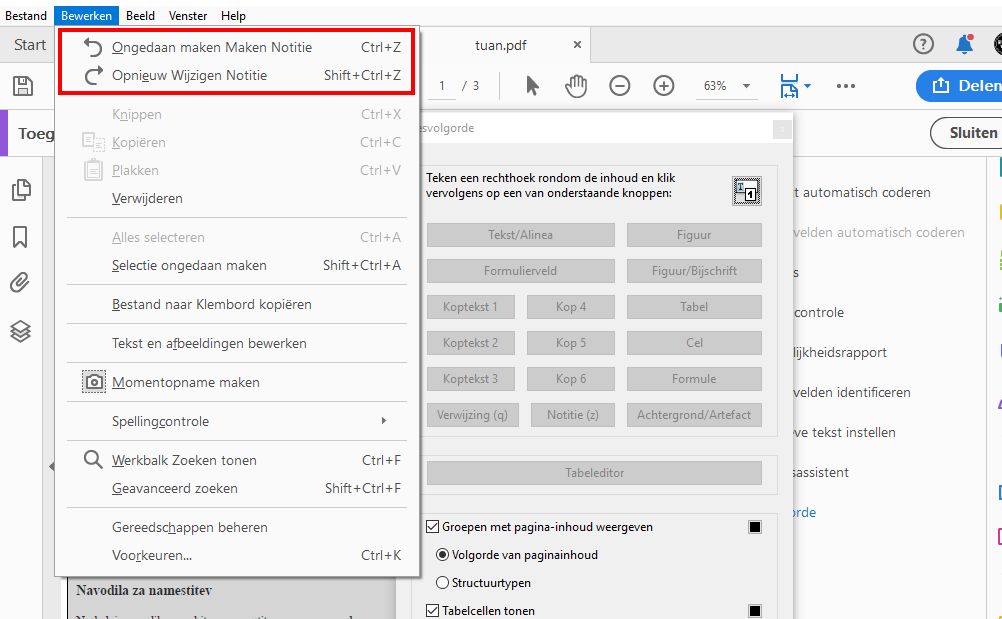 Wijzigingen in de leesvolgorde opnieuw uitvoeren of ongedaan maken