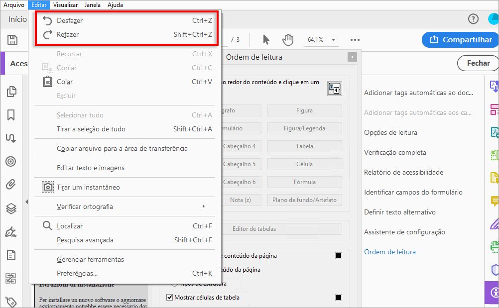 Desfazer ou refazer alterações de ordem de leitura