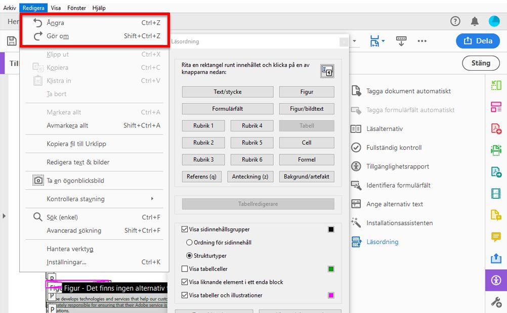 Ångra eller göra om ändringar i läsordning