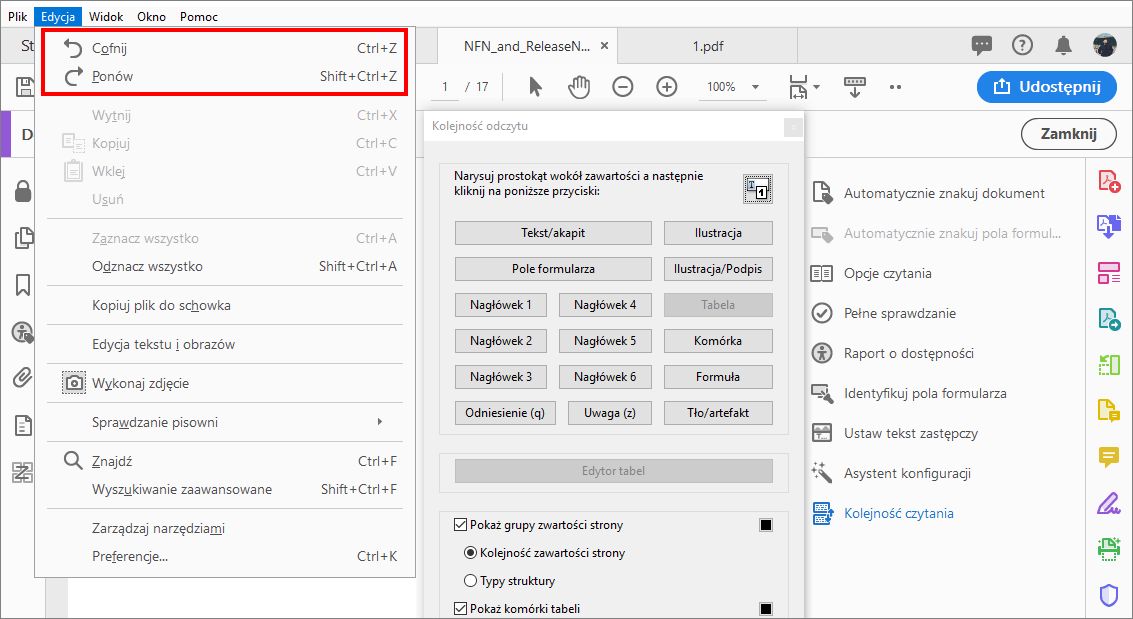 Cofanie lub ponawianie zmian kolejności odczytu