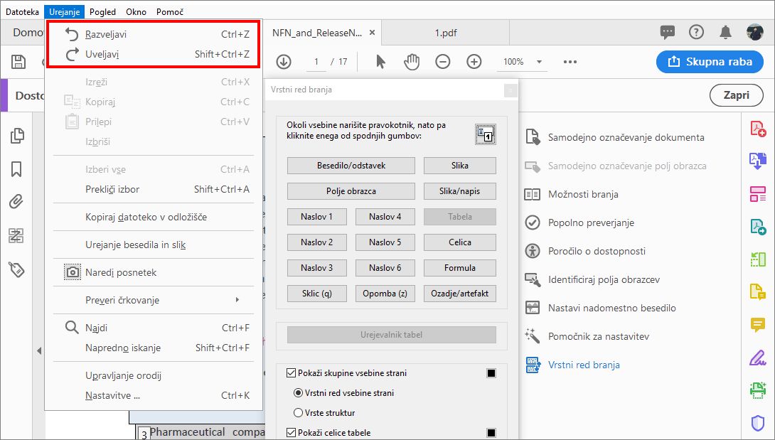 Razveljavi ali uveljavi spremembe vrstnega reda branja