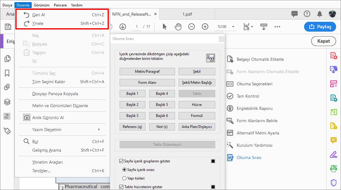 Okuma sırası değişikliklerini geri alma veya yineleme