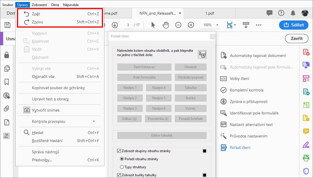 Vrácení nebo opětovné provedení změn pořadí čtení