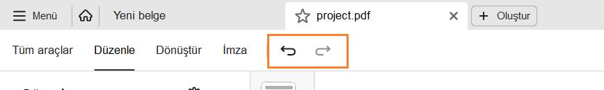 Üst menü çubuğundaki geri alma-yineleme seçeneği