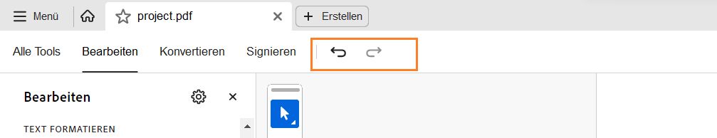 Option „Rückgängig machen/Wiederholen“ in der oberen Menüleiste