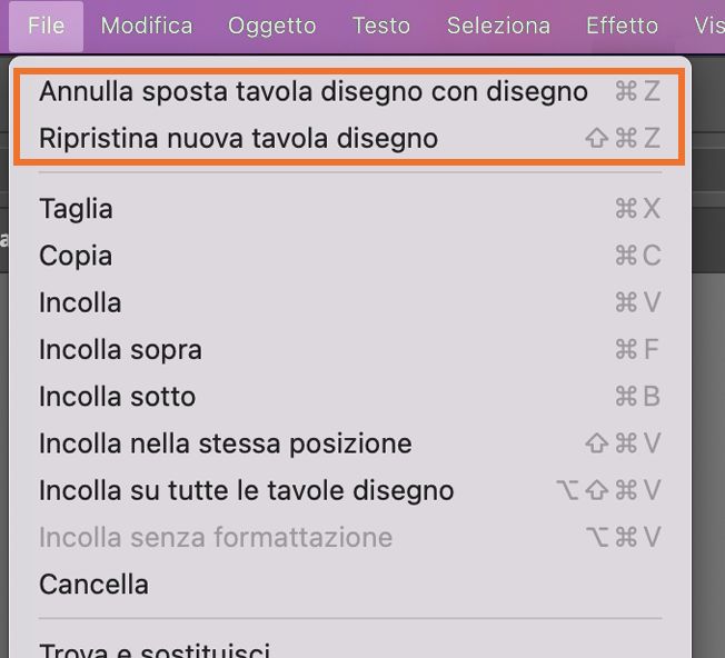 Le opzioni Annulla e Ripeti sono utili per annullare o ripristinare le modifiche apportate nel documento e vi consentono di correggere gli errori mentre lavorate. Potete trovare l'opzione Annulla e ripeti nel menu Modifica in Illustrator.